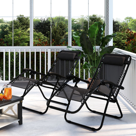 Outsunny Zero Gravity Chair Set of 2, Metal Frame Texteline Armchair Outdoor Folding and Reclining Sun Lounger with Head Pillow for Patio Decking Gardens Camping, Black