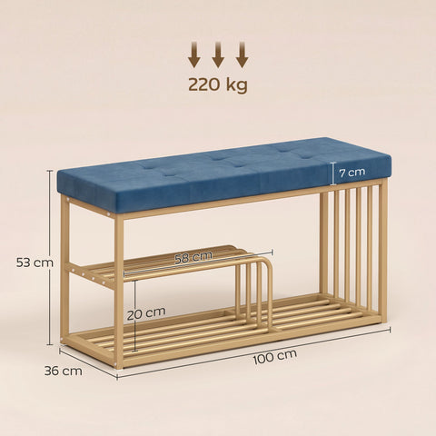 HOMCOM Bench and Shoe Storage, Tufted Shoe Storage Bench with Velvet Seat Cushion Gold Steel Frame for Entryway, Dark Blue