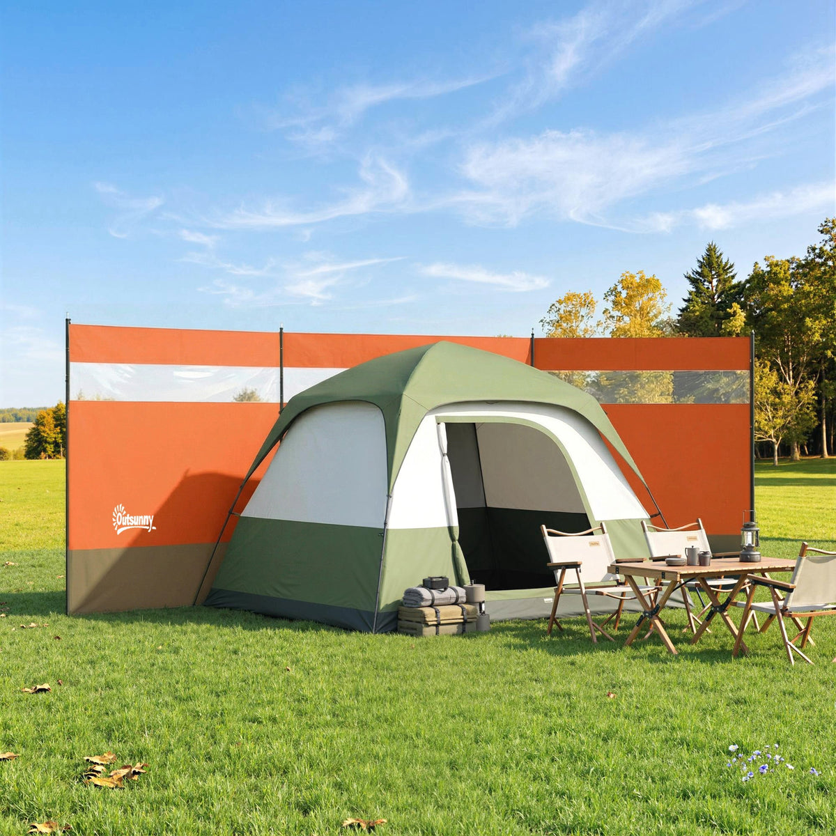 Outsunny Camping Windbreaker with Clear Windows, Carry Bag and Steel Poles, for Beach Caravan Campervan, 440 x 140cm, Orange