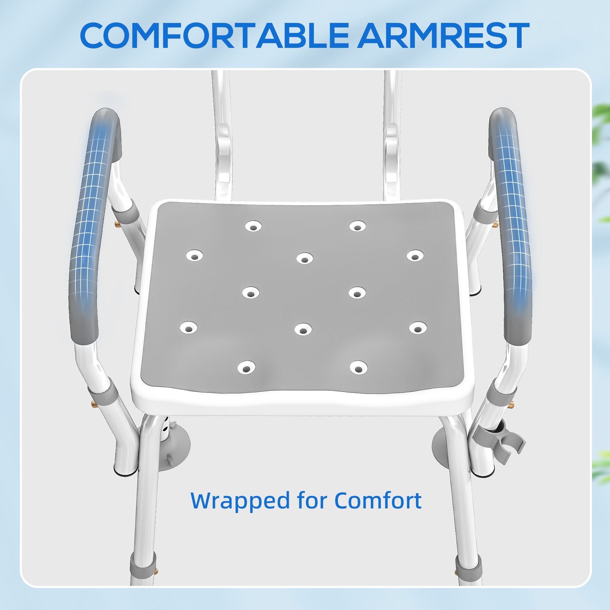HOMCOM EVA Padded Shower Chair for the Elderly and Disabled, Height Adjustable Shower Stool with Back and Arms, 4 Suction Foot Pads, Light Grey