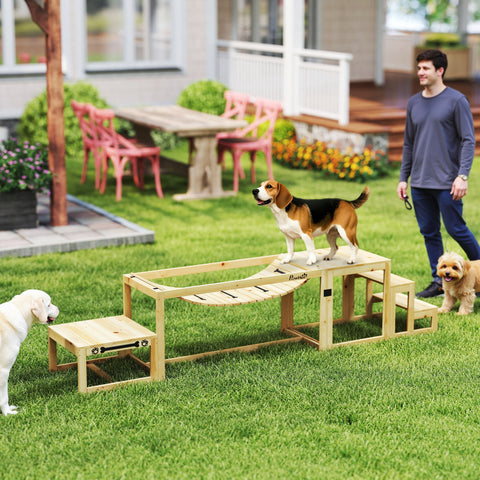 PawHut 3 Pieces Wooden Dog Agility Training Equipment with Soft Bridge, Pause Platform and Pet Stair for Outdoor, Natural Wood