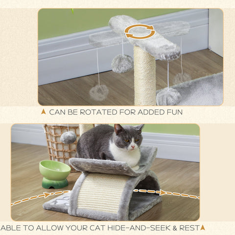 PawHut Cat Tree, Cat Tower for Kittens, Small Cat Condo with Rotatable Top Bar, Sisal Scratching Post, Tunnel, Dangling Balls - Grey