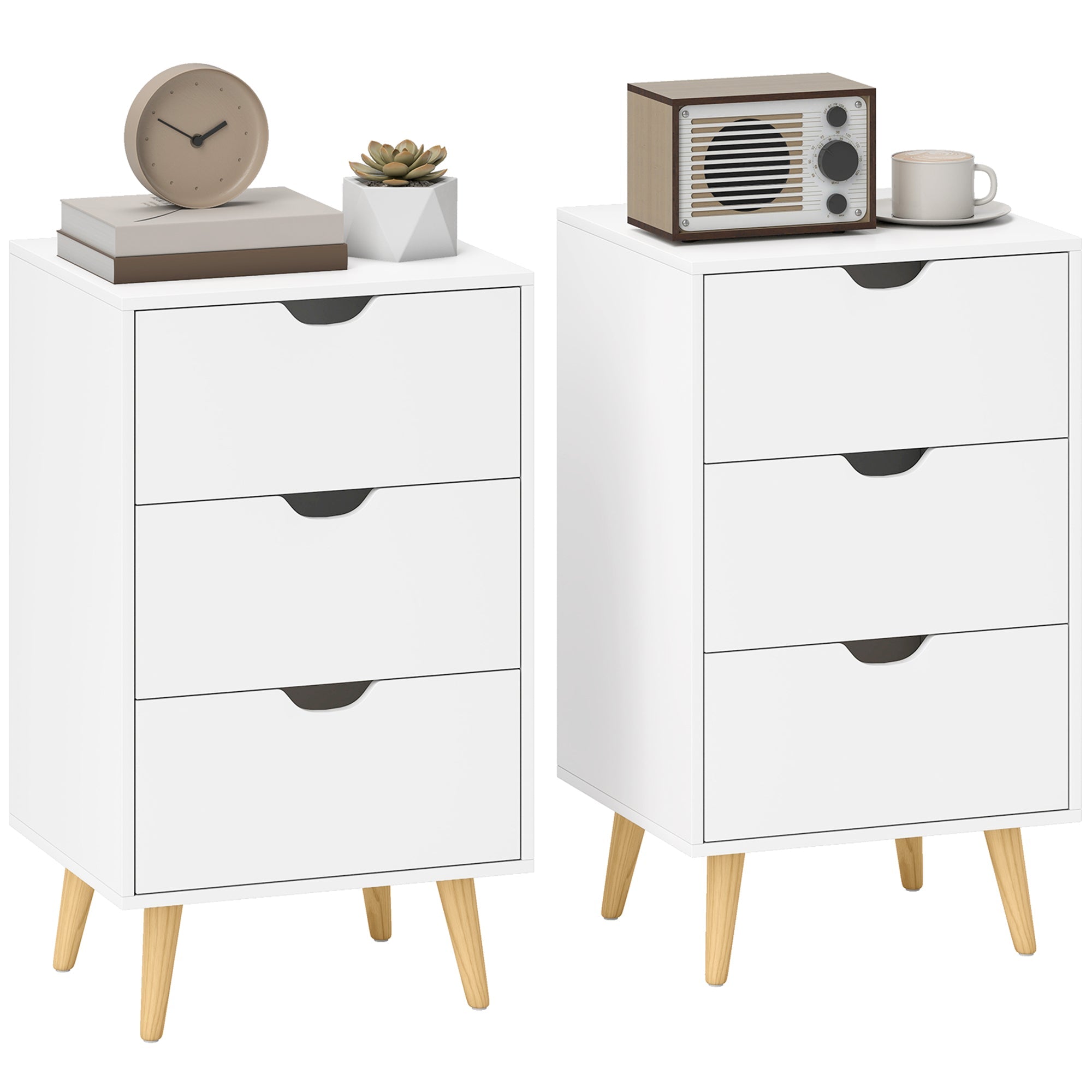 HOMCOM Set of 2 Bedside Tables, Modern Nightstand Side End Table with 3 Storage Drawers and Solid Pine Wood Legs for Bedroom Living Room Entryway, White
