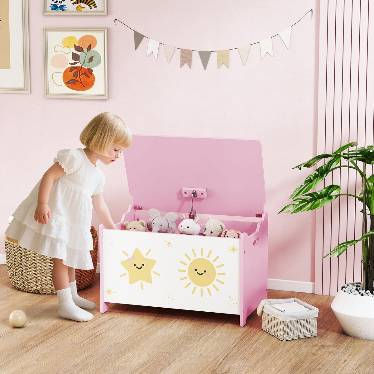 AIYAPLAY Toy Box with Lid, Safety Hinges and Groove Handles, Toy Storage organiser for Kids, Living Room, Playroom, Pink