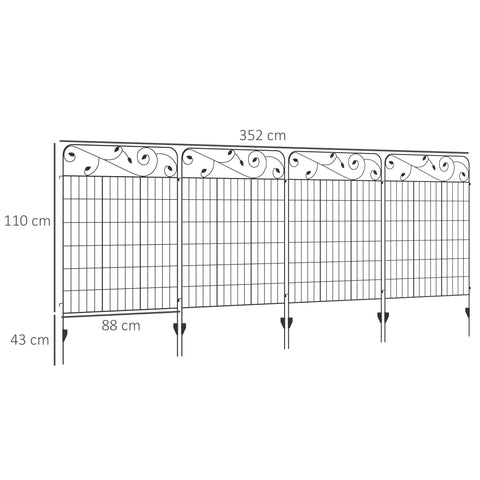 Outsunny Decorative Garden Fencing, 4PCs 43in x 11.5ft Outdoor Picket Fence Panels, Rustproof Metal Wire Landscape Flower Bed Border Edging Animal Barrier, Black