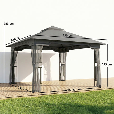 Outsunny 3.3 x 3.3 m Outdoor Garden Gazebo with Post Shelves, UPF50+ Patio Permanent Pavilion with Hook, Dark Grey