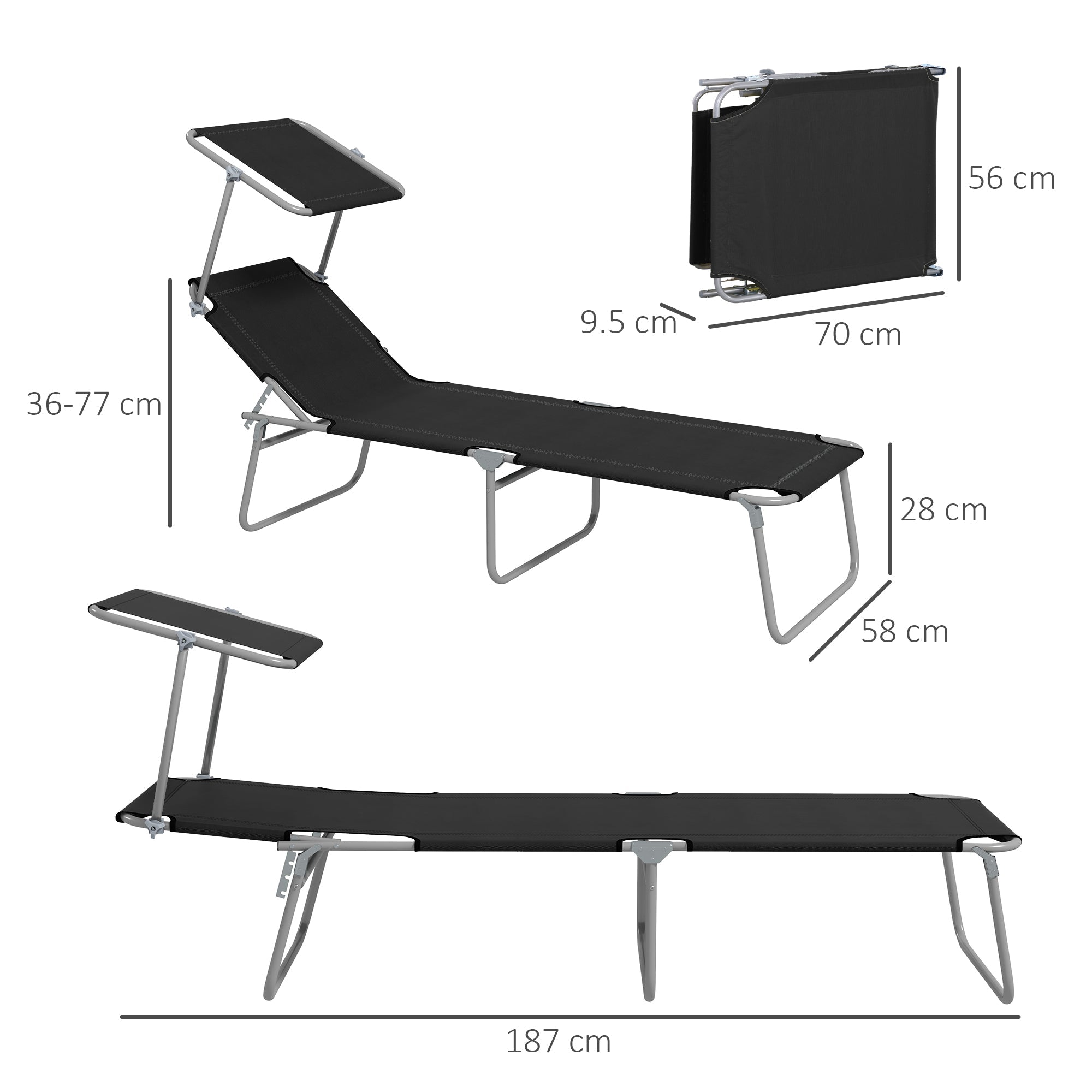 Outsunny Foldable Sun Lounger Set of 2 with Sun Shade & Adjustable Backrest - Black