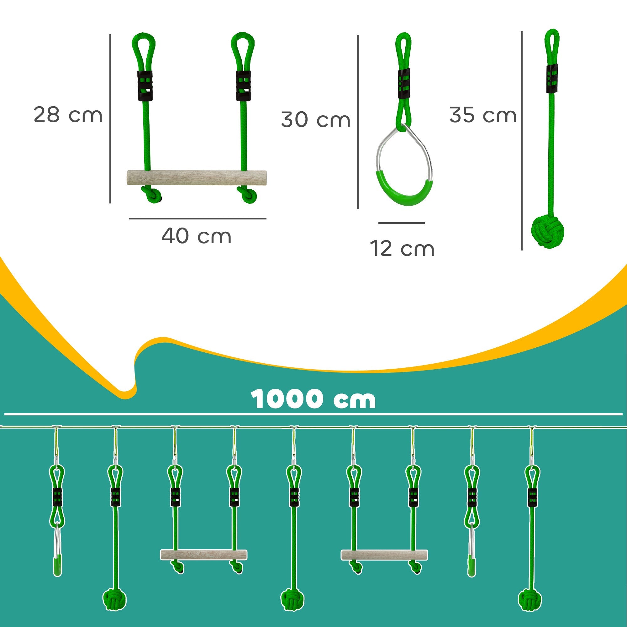 AIYAPLAY 3 Piece Kids Zip Line Kit for Garden, 10m Kids Slackline Kit with Wooden Monkey Bars, Metal Rings, Gripping Balls, Green