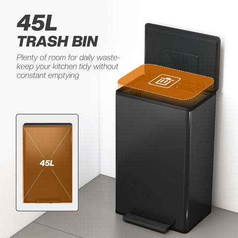 HOMCOM 45L Kitchen Bin, Pedal Bin with Soft-Close and Stay-Open Lid, Removable Inner Bucket, Odor Control for Kitchen, Office