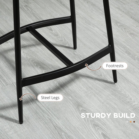 HOMCOM Breakfast Bar Stools Set of 2, Microfibre Upholstered Barstools, Industrial Bar Chairs with Curved Seat and Steel Frame for Dining Room, Kitchen, Brown