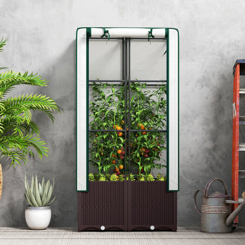 Outsunny Raised Garden Bed with Trellis, Plastic Planter Box with Drainage Holes and Drain Plugs for Climbing Plants, Vegetables, Flowers, 80 x 40 x 140 cm