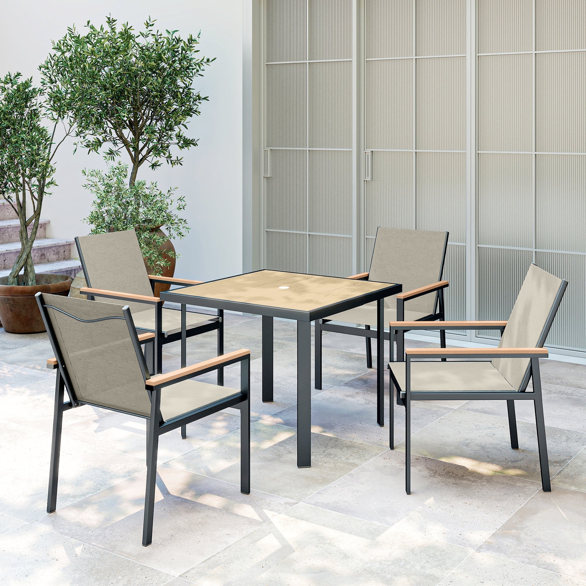 Outsunny Five-Piece Metal Dining Set, with Glass-Top Table - Khaki