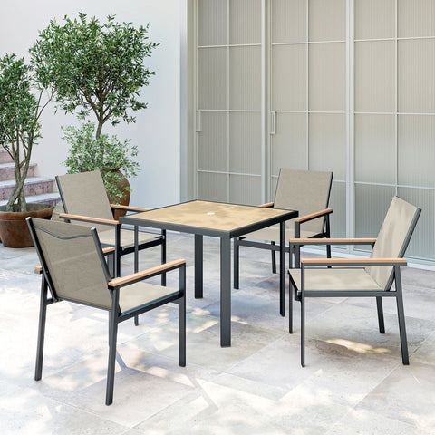 Outsunny Five-Piece Metal Dining Set, with Glass-Top Table - Khaki