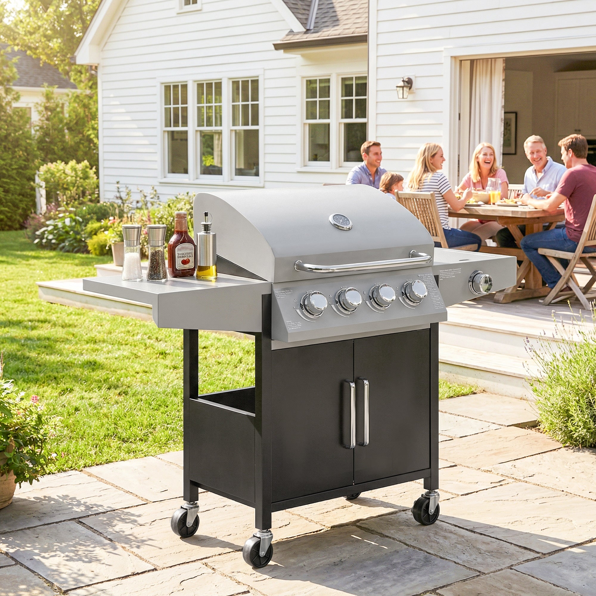Outsunny 4+1 Burner Gas BBQ Grill with Side Burner, 50000 BTU Steel Portable Gas Barbecue Grill with Built-in Thermometer, Lid