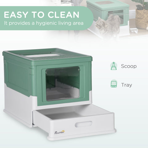 PawHut Hooded Cat Litter Box, Portable Pet Toilet, with Scoop, Front Entry - Green