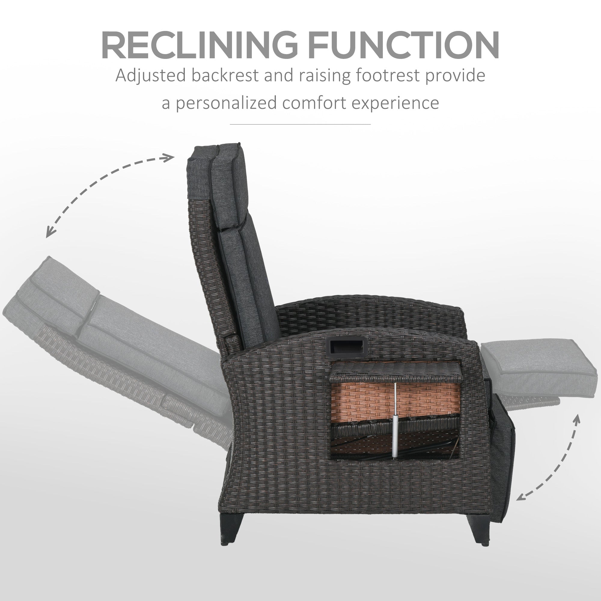 Outsunny Outdoor Recliner Chair with Adjustable Backrest and Footrest, Cushion, Side Tray, Grey