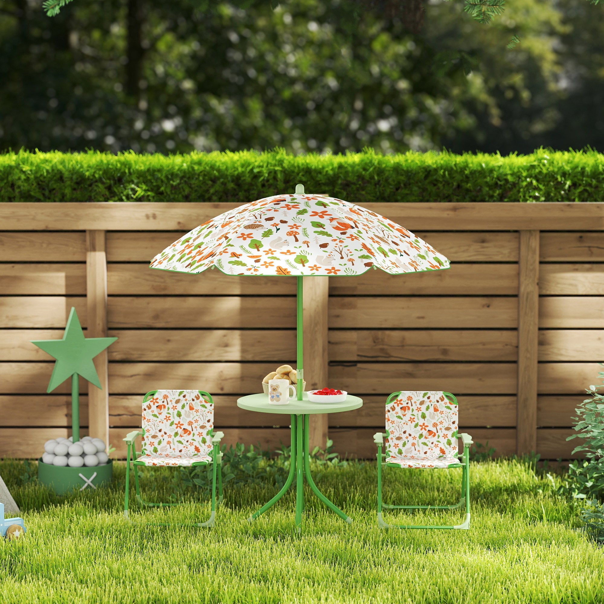 AIYAPLAY 4 Pieces Kids Garden Table and Chair Set with Adjustable Parasol, Folding Chairs, Table, Fox Pattern, Green