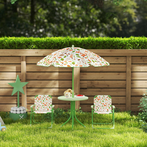 AIYAPLAY 4 Pieces Kids Garden Table and Chair Set with Adjustable Parasol, Folding Chairs, Table, Fox Pattern, Green