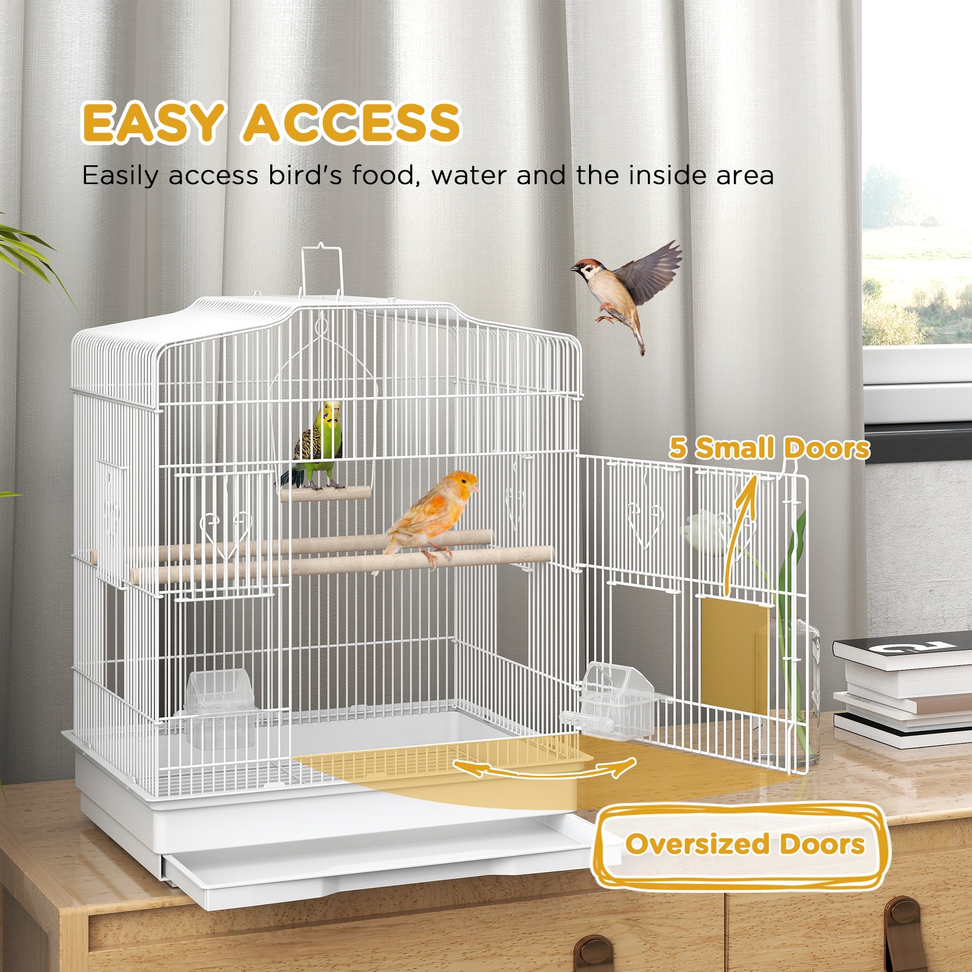 PawHut Large Metal Bird Cage with Perches, Food Bowls, Swing, for Budgies, Parakeets, White