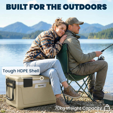 Outsunny 42.6L Insulated Cool Box, Lightweight Portable Ice Cooler with Handle, Lid and Drain Valve, Khaki