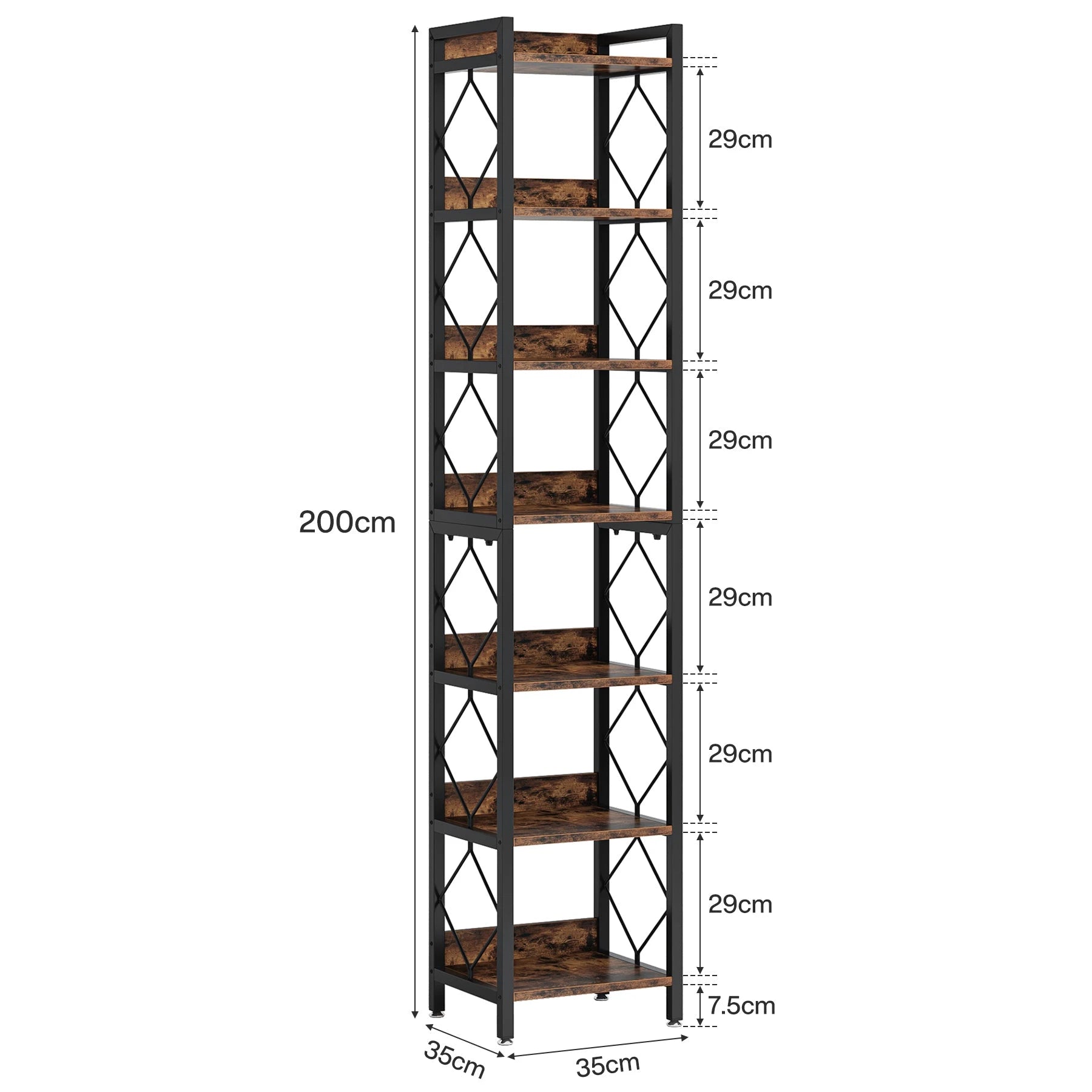 200cm Slim 7-Tier Industrial  Bookshelf - Rustic Wood & Black Metal Display Tower.