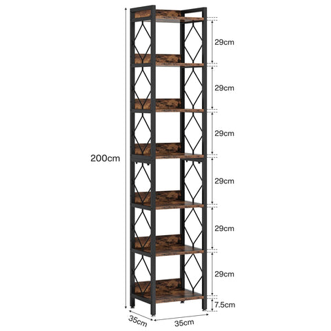 200cm Slim 7-Tier Industrial  Bookshelf - Rustic Wood & Black Metal Display Tower.