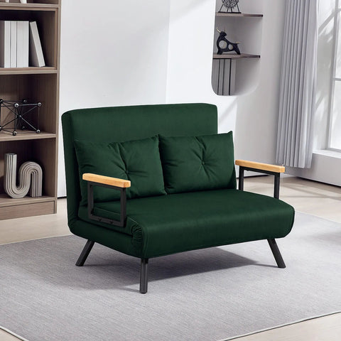 HOMCOM 4-in-1 Velvet-Feel Double Sofa Bed, with Pillows - Green