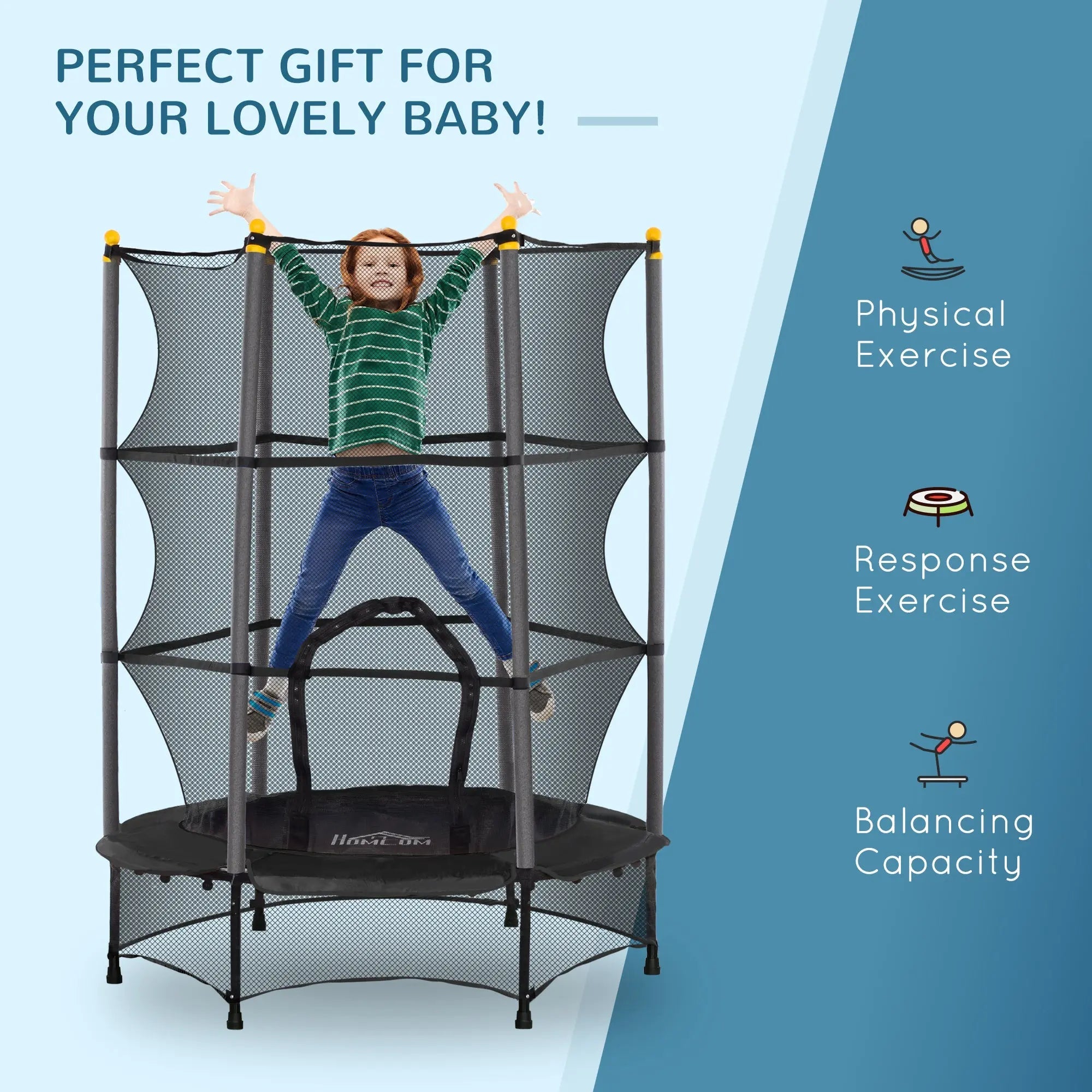 HOMCOM 4.6FT/55" Kids Trampoline with Safety Enclosure, Outdoor Indoor Use, for Ages 3-10 Years, Black