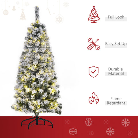 HOMCOM 4FT Prelit Artificial Snow Flocked Christmas Tree with Warm White LED Light, Holiday Home Xmas Decoration, Green White
