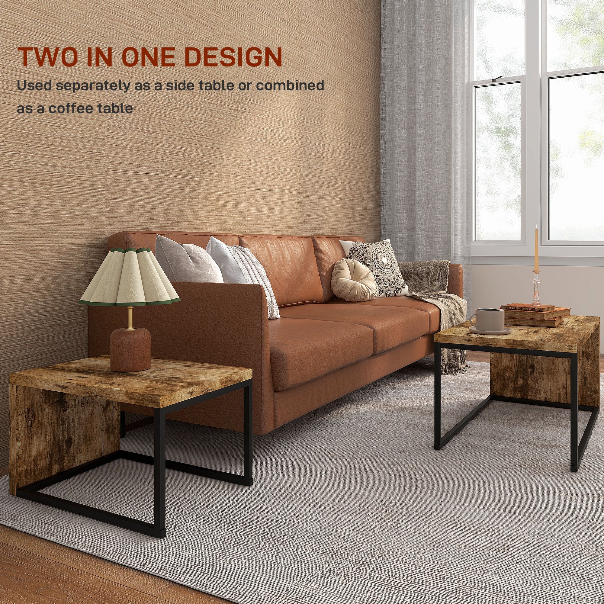 HOMCOM Coffee Tables Nesting Table Set of 2 Side Table w/ Metal Frame for Living Room Bedroom Black & Brown