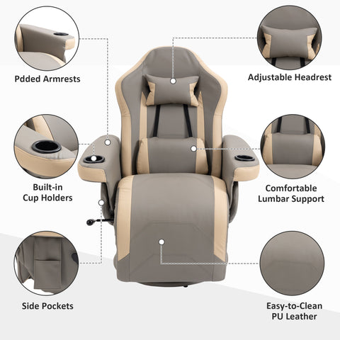 HOMCOM Manual Recliner Armchair PU Leather Lounge Chair w Adjustable Leg Rest, 135° Reclining Function, 360° Swivel, Grey