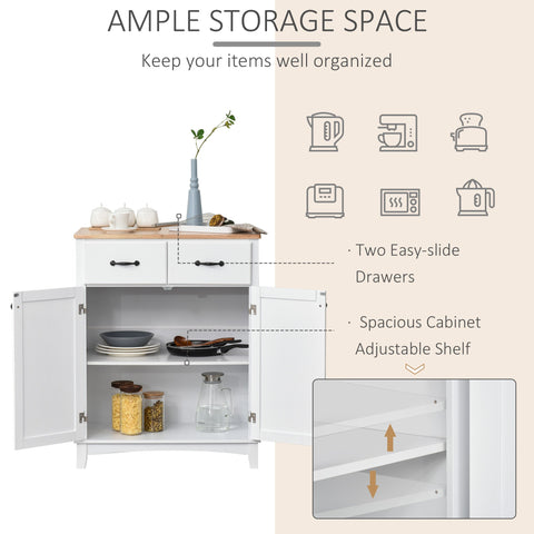 HOMCOM Modern Kitchen Cupboard, Wooden Storage Cabinet, Tableware Organizer with 2 Drawers for Living & Dining Room, White