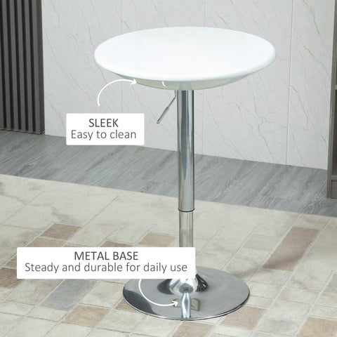 HOMCOM Modern Round Bar Table Adjustable Height Home Pub Bistro Desk Swivel Painted Top with Silver Steel Leg and Base, White
