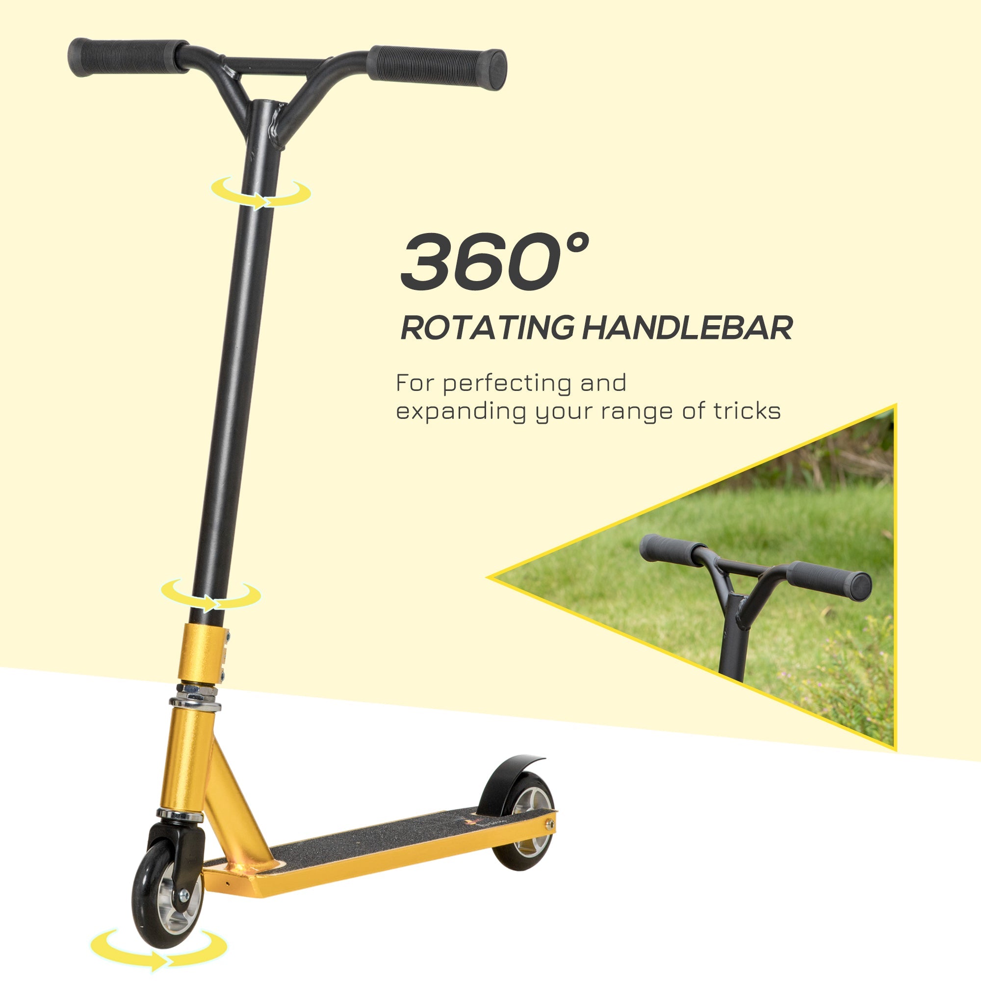 HOMCOM Stunt Scooter, 360° Entry Level Tricks Scooter w/ Lightweight Aluminium Deck and ABEC 7 Bearing, For Age 14+ Beginners, Gold Tone