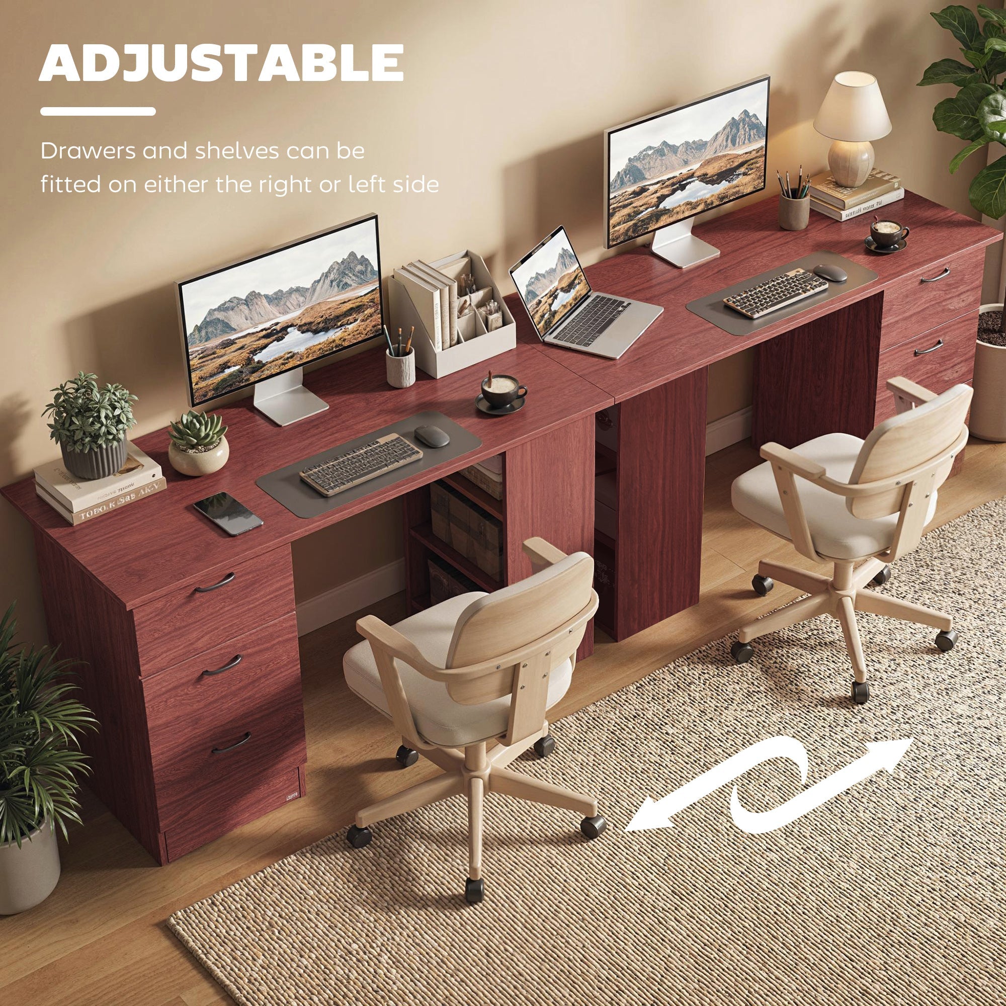 HOMCOM Computer Desk, Writing Table, PC Workstation with 3 Storage Shelves and Drawers, Handle, for Home Office, Walnut Brown