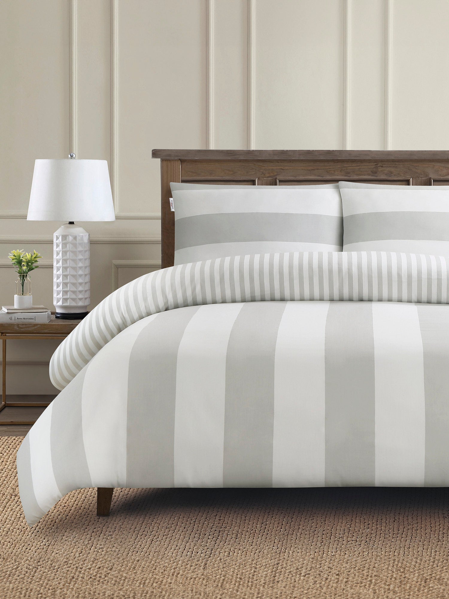 Pure Cotton Block Stripe Duvet Set in Vapor Blue