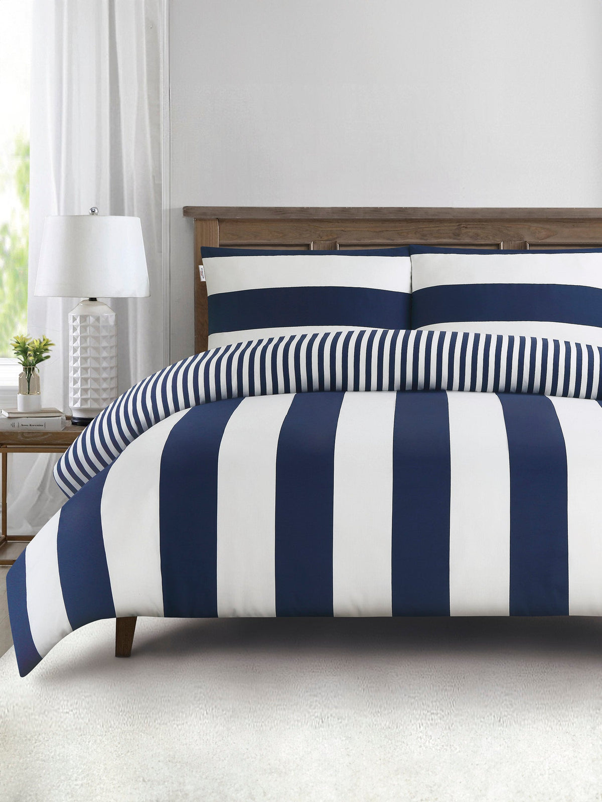 Pure Cotton Block Stripe Duvet Set in Navy Iris
