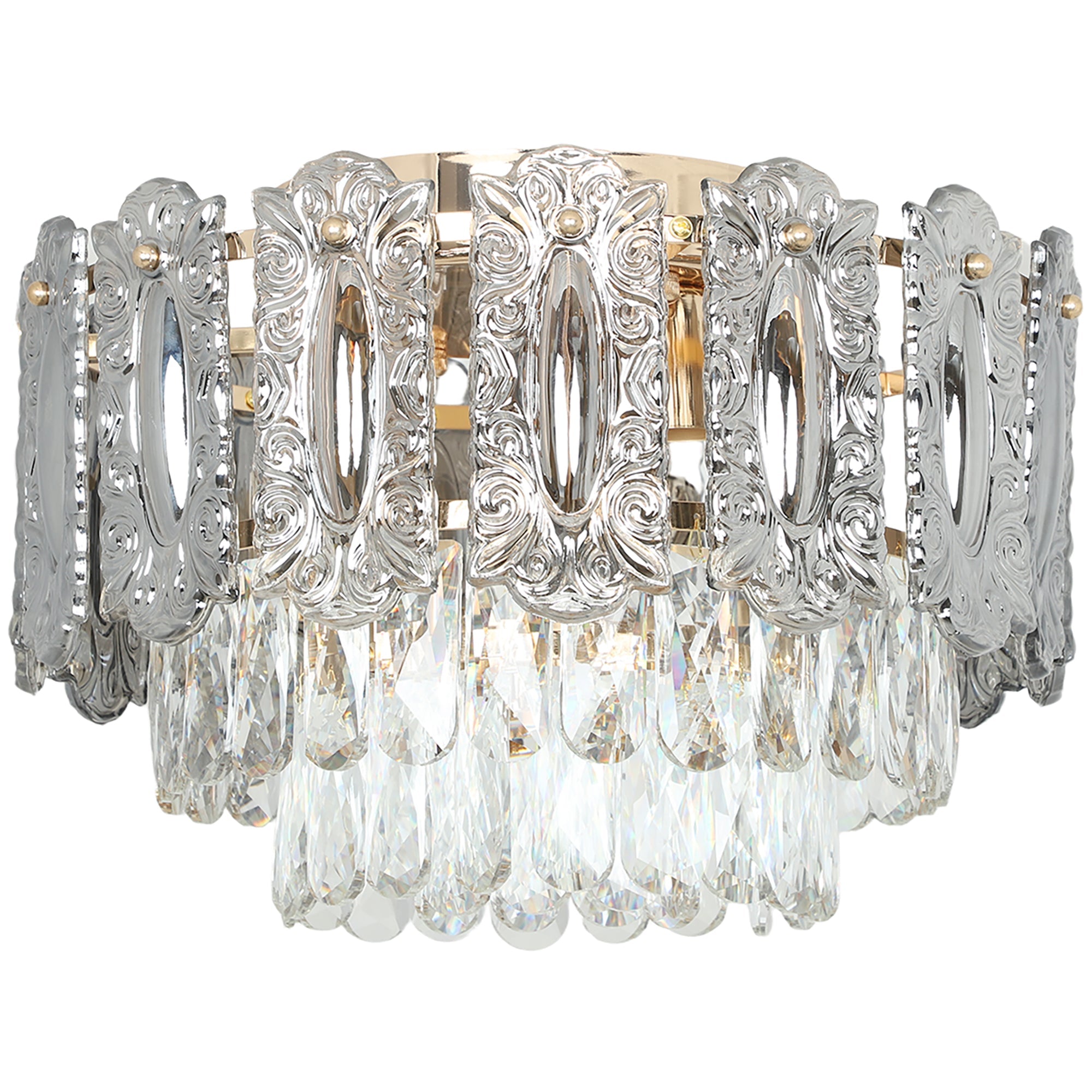 HOMCOM Chandelier Ceiling Light, 3-Light Flush Mount Fixture with Dual Crystal and Smoke Glass Shade, 40 cm LED Ceiling Light for Living Room Bedroom, 3 E14 Sockets, Bulbs Not Included, Gold Tone