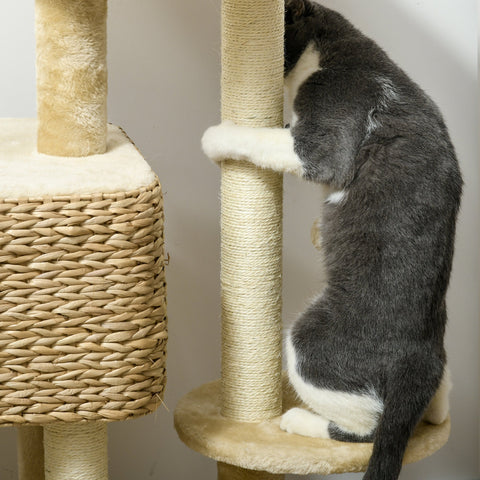 PawHut 95cm Cat Tree Tower for Indoor Cats, with Scratching Post, Cat House, Toy Ball, Platform - Beige
