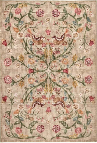 Eco-Washable Beige Rug Floral Design