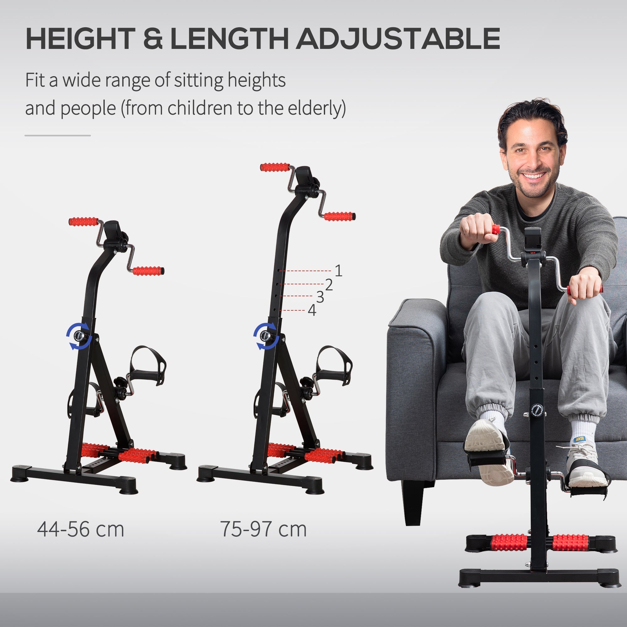 HOMCOM Portable Exercise Bike for Home Pedal Exerciser Height-adjustable 56L x 44- 56W x 75- 97H cm Black and Red