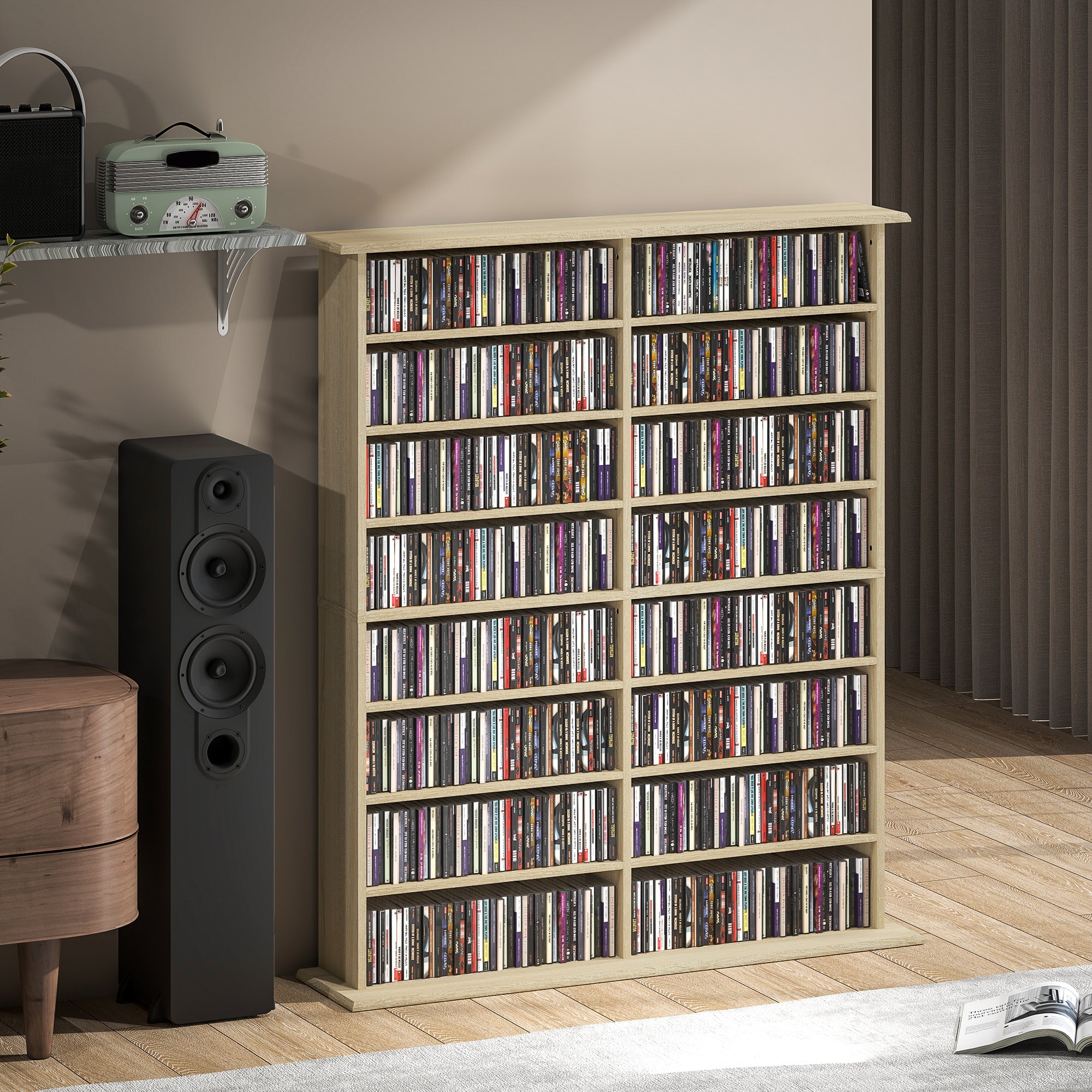 HOMCOM 16-Compartment Media Shelf - Nature Wood Finish