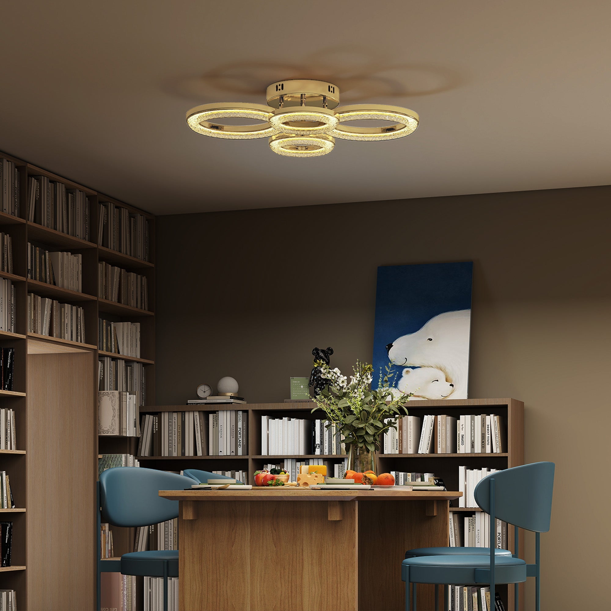 HOMCOM LED Ceiling Light, Modern Dimmable 4 Rings Ceiling Lamp with Wall Switch, 40W 4350lm Flush Mount Ceiling Light with 3500K/4500K/6000K Colour Temperatures for Living Room, Bedroom, Gold Tone