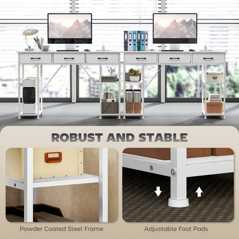 HOMCOM 120cm Computer Desk with Power Outlets, Office Desk Study Table with 3 Fabric Drawers and 4 Storage Shelves, White