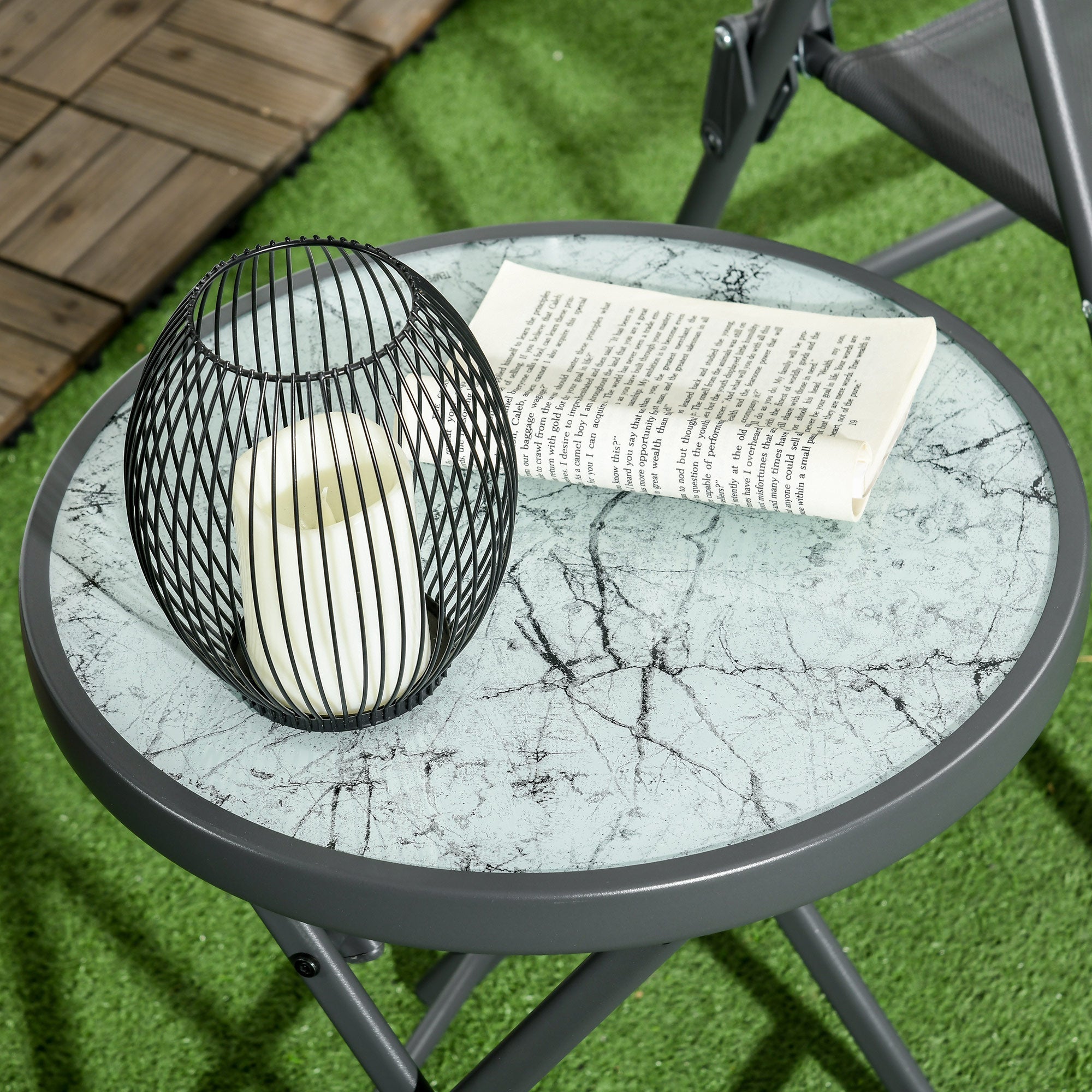 Outsunny \'ce\'a645cm Garden Side Table, Outdoor Round Folding Patio Table with Imitation Marble Glass Top, Small Coffee Table, White