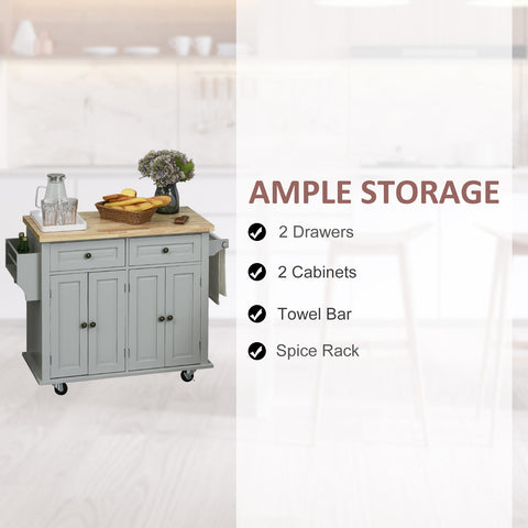 HOMCOM Rolling Kitchen Island Storage Trolley with Rubber Wood Top & Drawers for Dining Room, Grey