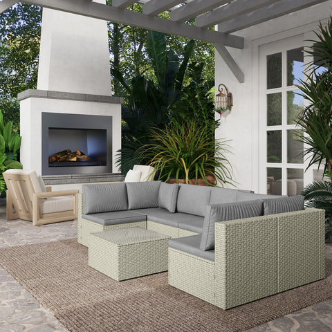 Outsunny 7 Pieces Rattan Garden Furniture Set, 6 Seater Garden Corner Sofa with Wide Seat, Cushions and Glass Top Table, Sectional Outdoor Furniture Conservatory Set for Patio, Light Brown