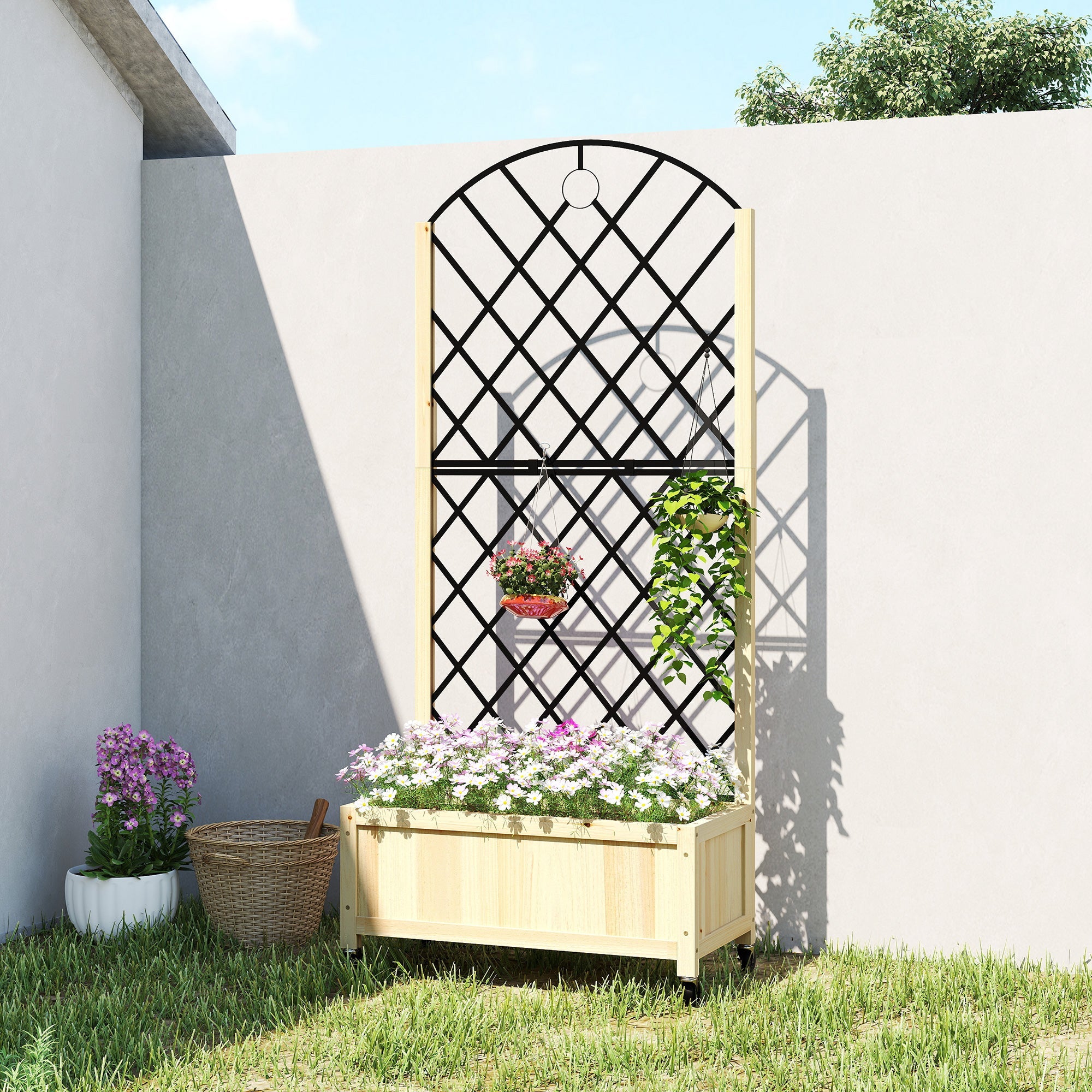 Outsunny Raised Garden Bed with Metal Trellis, Wooden Elevated Planter Box with Lockable Wheels, Outdoor Raised Planter, Natural