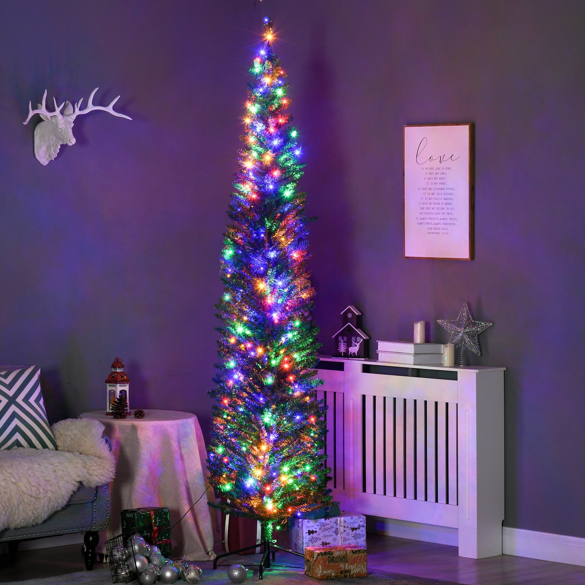 HOMCOM 7.5' Artificial Prelit Christmas Trees Holiday D\'c3\'a9cor with Colourful LED Lights, Pencil Shape, Steel Base