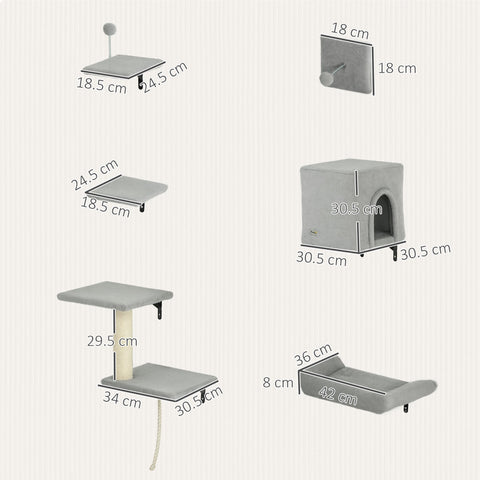 PawHut 6-Piece Cat Wall Shelves Set with Condo, Cat Wall Furniture with Platforms, Sisal Scratching Post, Bed, Toy Ball, Grey